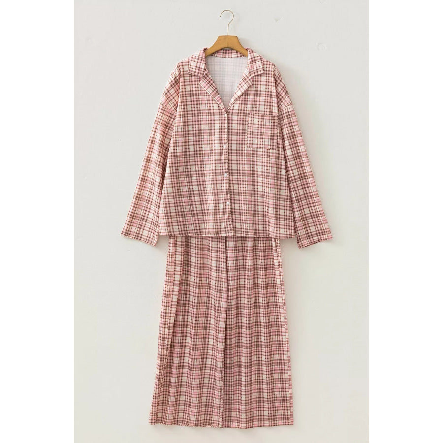 Plaid Patch Pockets Long Sleeve Lounge Set Apparel and Accessories