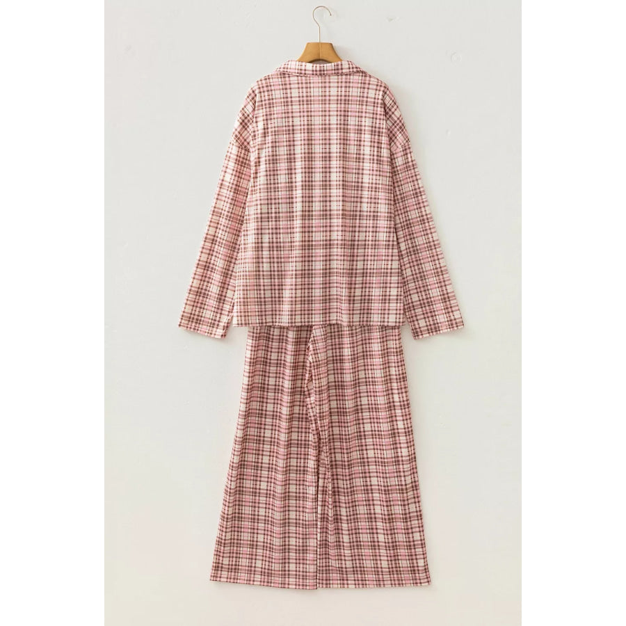 Plaid Patch Pockets Long Sleeve Lounge Set Apparel and Accessories