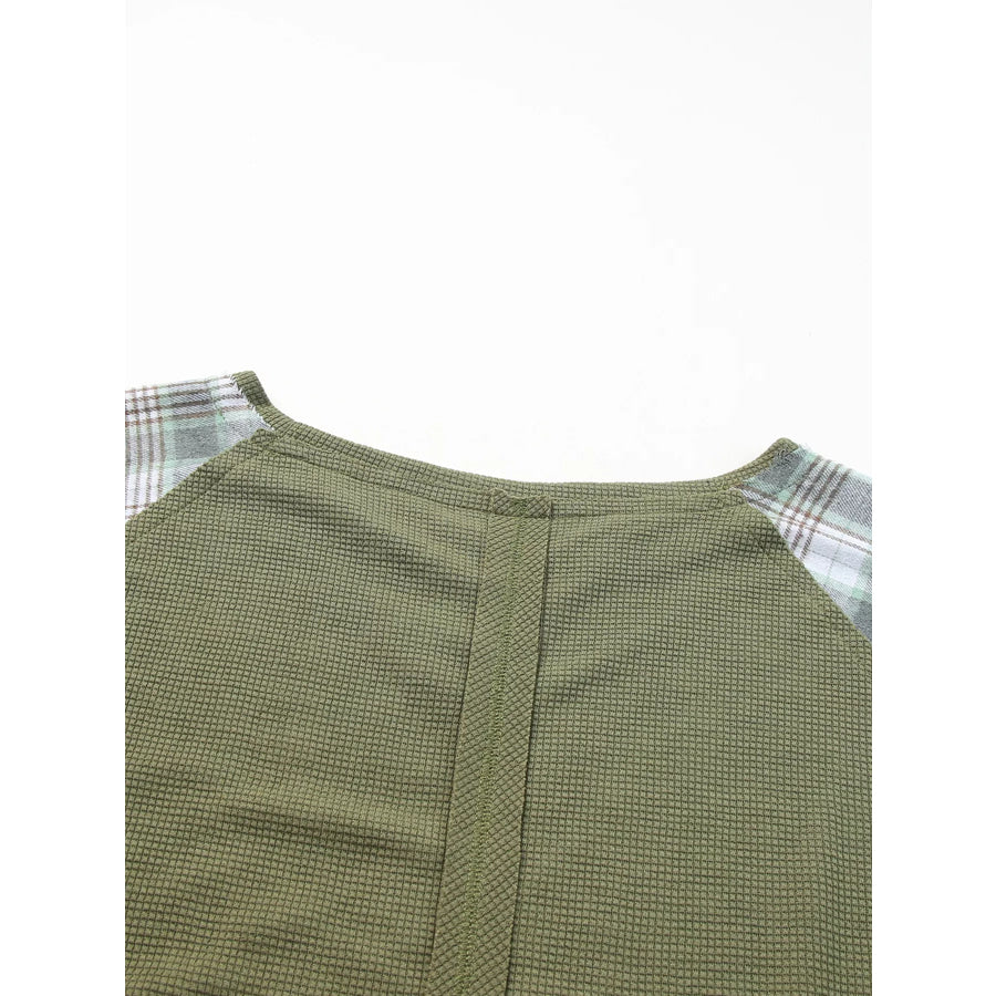 Plaid Patch Waffle Knit Exposed Seam Bubble Sleeve Top Apparel and Accessories