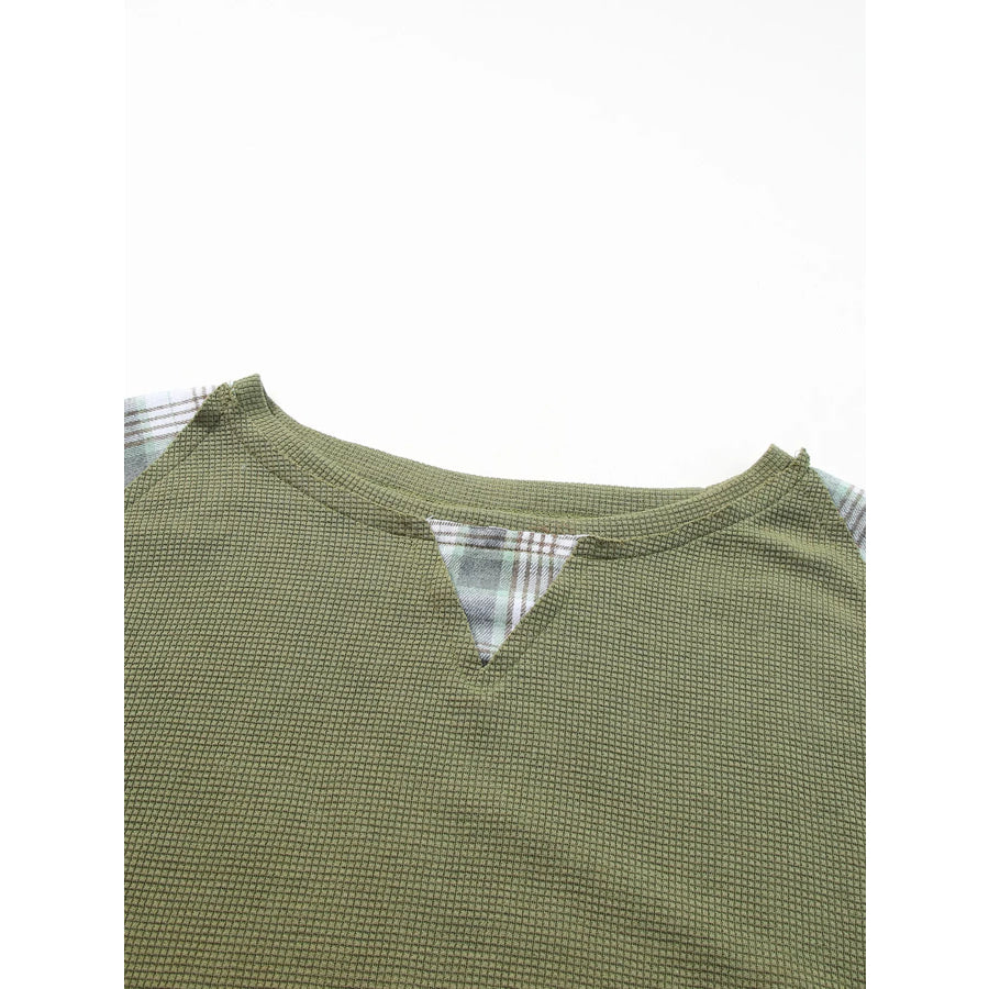 Plaid Patch Waffle Knit Exposed Seam Bubble Sleeve Top Apparel and Accessories
