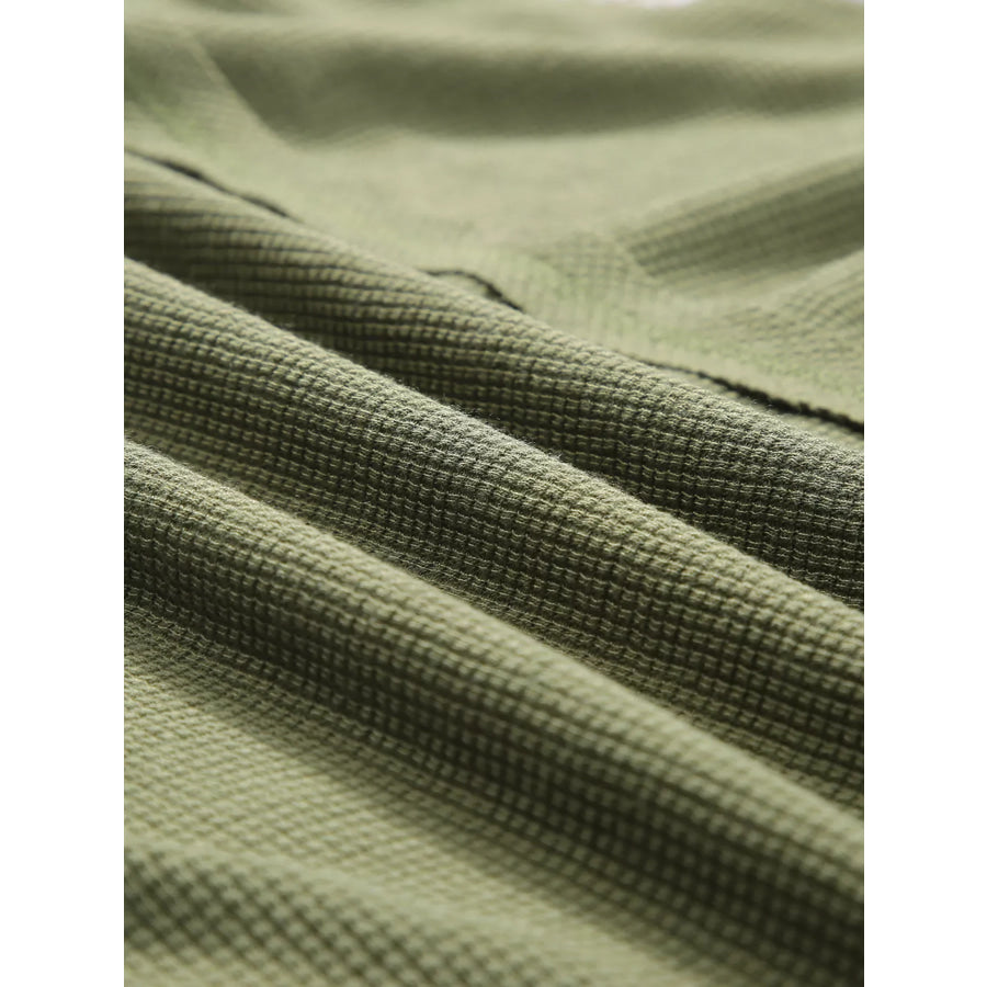 Plaid Patch Waffle Knit Exposed Seam Bubble Sleeve Top Apparel and Accessories