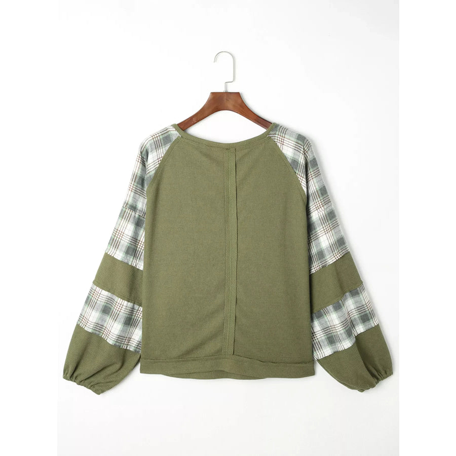 Plaid Patch Waffle Knit Exposed Seam Bubble Sleeve Top Apparel and Accessories