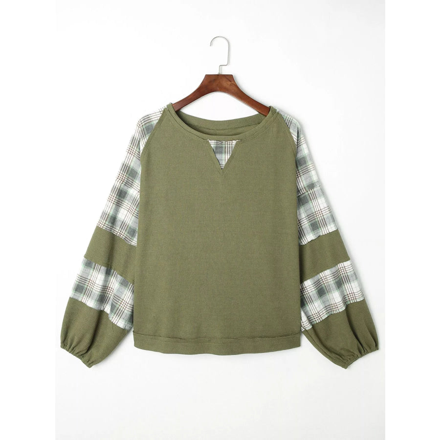 Plaid Patch Waffle Knit Exposed Seam Bubble Sleeve Top Apparel and Accessories