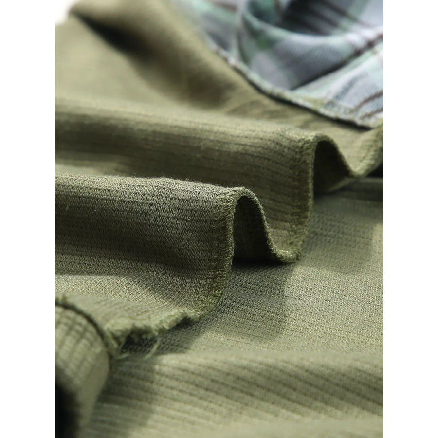 Plaid Patch Waffle Knit Exposed Seam Bubble Sleeve Top Apparel and Accessories