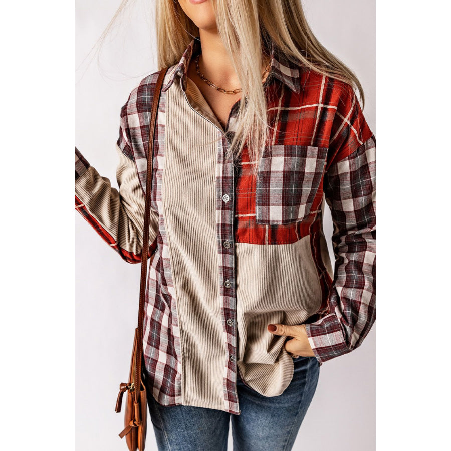 Plaid Patchwork Collared Neck Shacket Apparel and Accessories