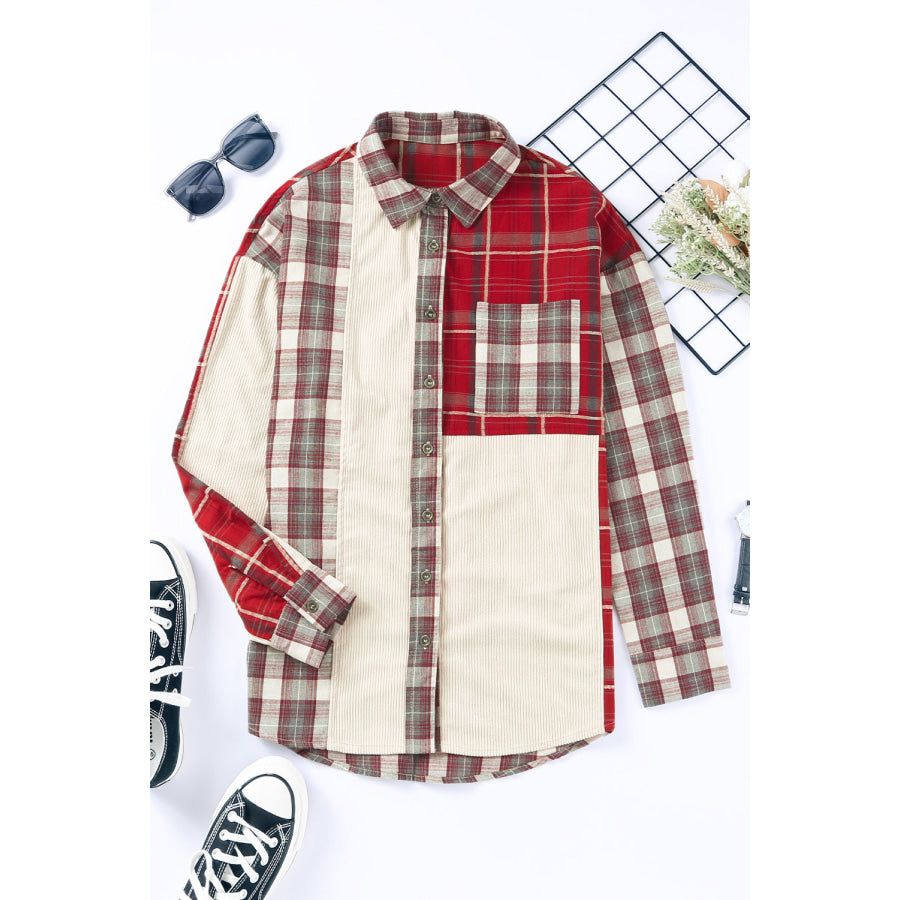 Plaid Patchwork Collared Neck Shacket Apparel and Accessories