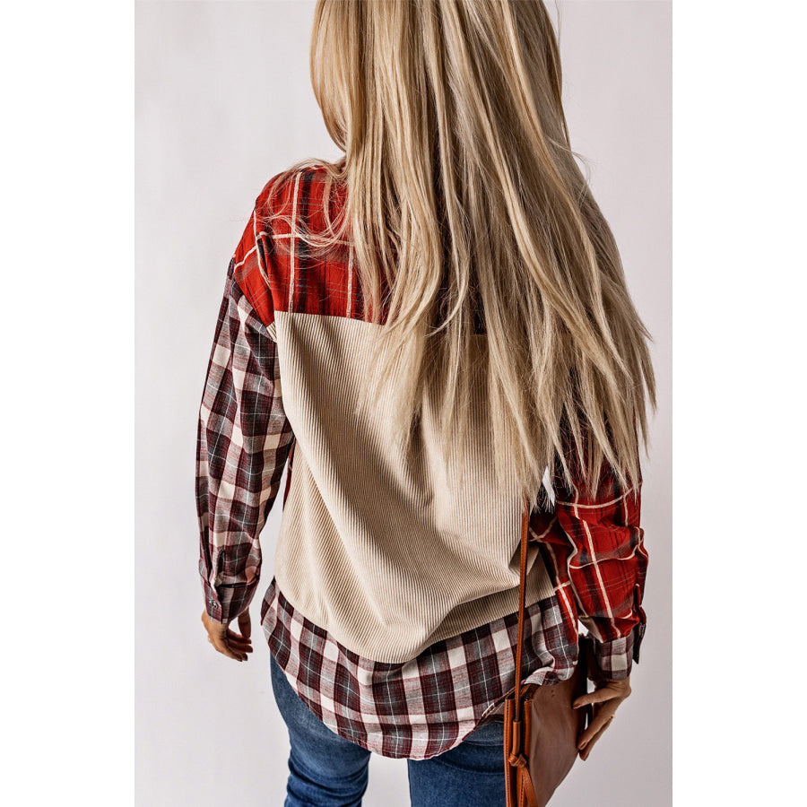 Plaid Patchwork Collared Neck Shacket Apparel and Accessories