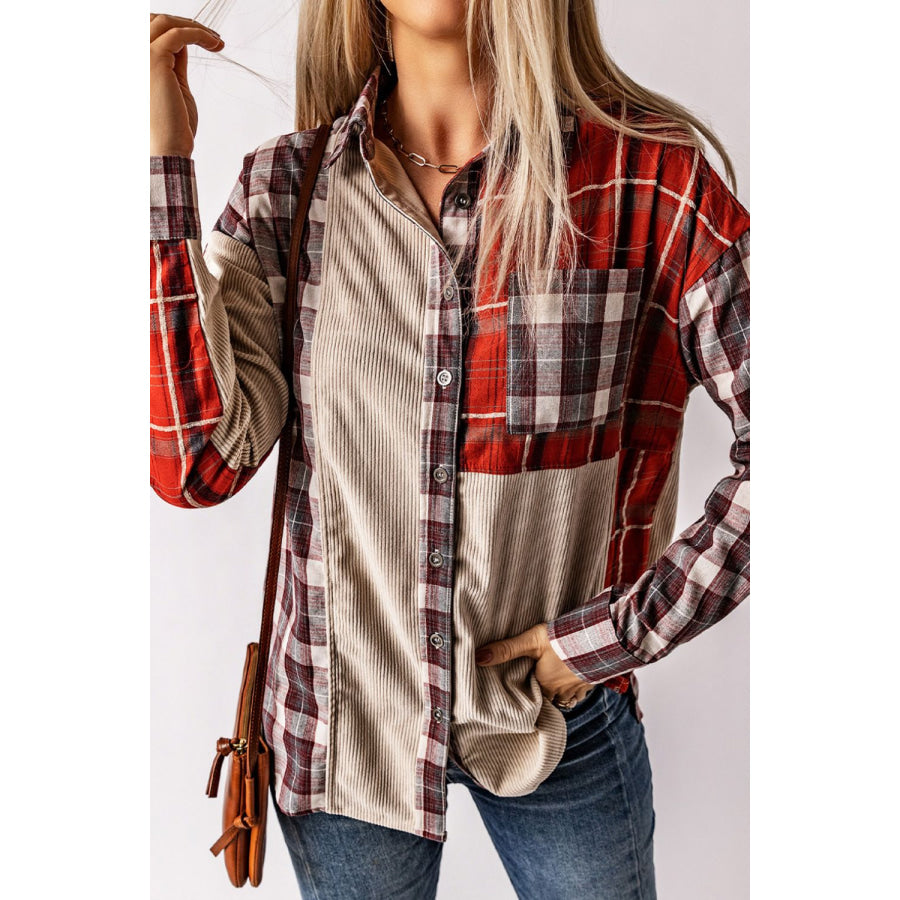 Plaid Patchwork Collared Neck Shacket Apparel and Accessories