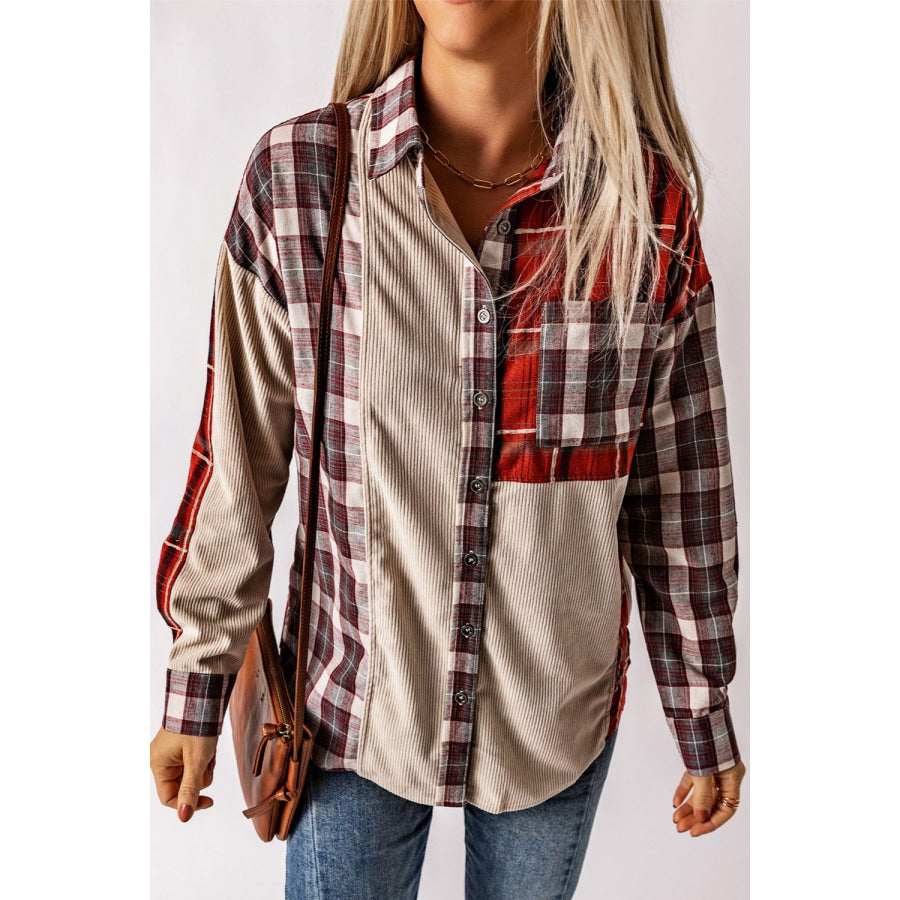 Plaid Patchwork Collared Neck Shacket Apparel and Accessories