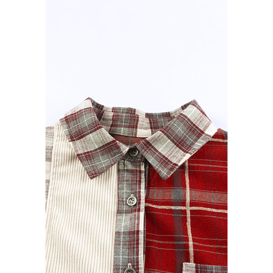 Plaid Patchwork Collared Neck Shacket Apparel and Accessories