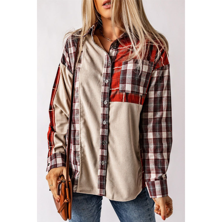 Plaid Patchwork Collared Neck Shacket Burgundy / S Apparel and Accessories