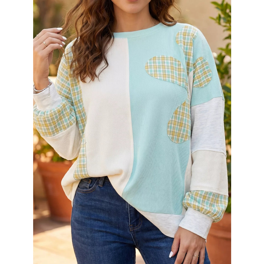Plaid Patchwork Round Neck Long Sleeve Top Apparel and Accessories