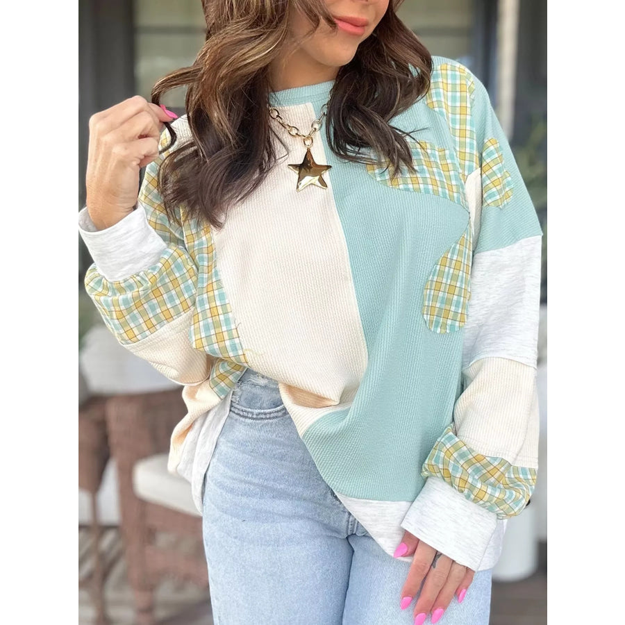Plaid Patchwork Round Neck Long Sleeve Top Apparel and Accessories