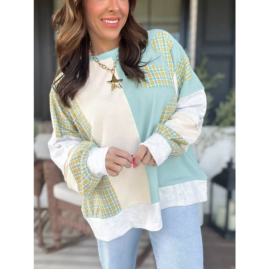 Plaid Patchwork Round Neck Long Sleeve Top Apparel and Accessories