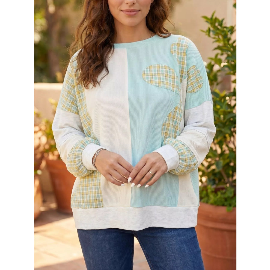 Plaid Patchwork Round Neck Long Sleeve Top Mint Blue / S Apparel and Accessories