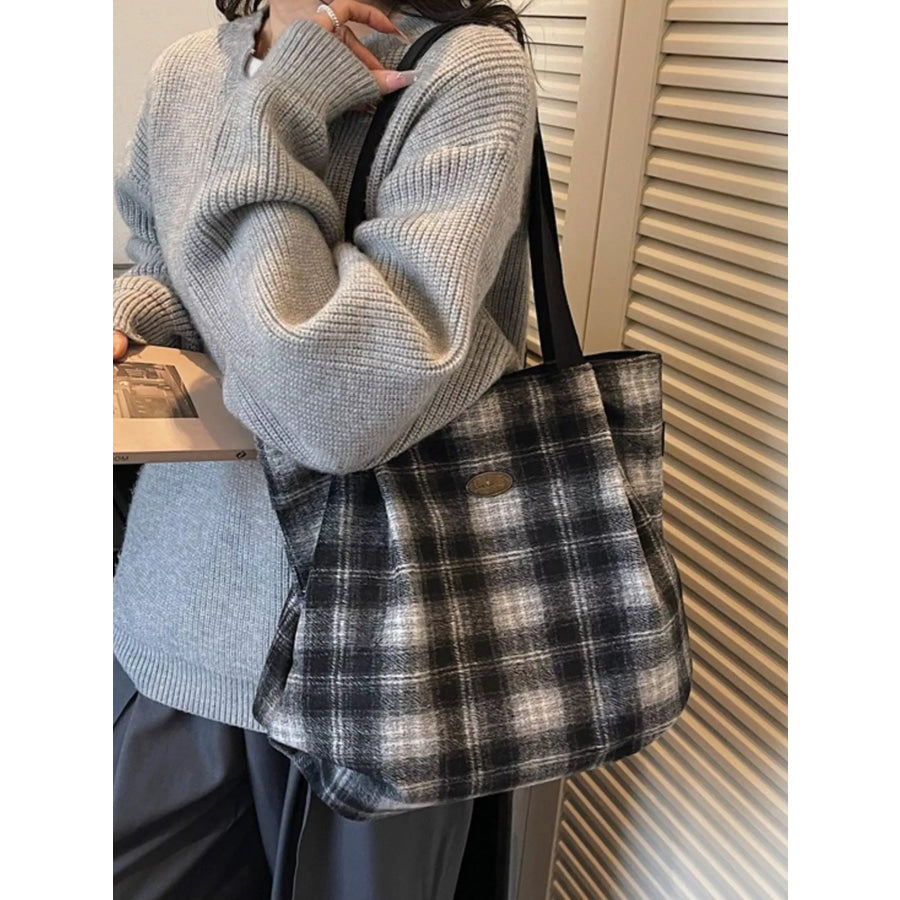 Plaid Pattern Casual Tote Bag Black / ONESIZE Apparel and Accessories
