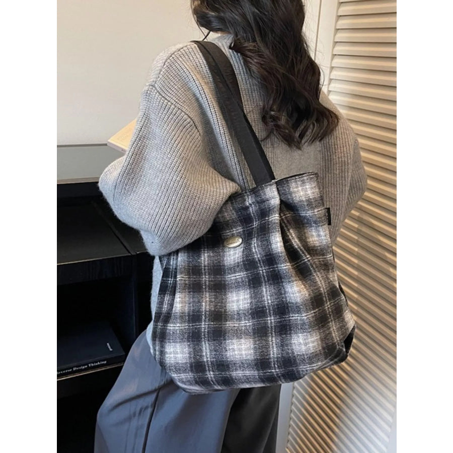 Plaid Pattern Casual Tote Bag Black / ONESIZE Apparel and Accessories