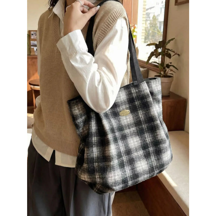 Plaid Pattern Casual Tote Bag Black / ONESIZE Apparel and Accessories