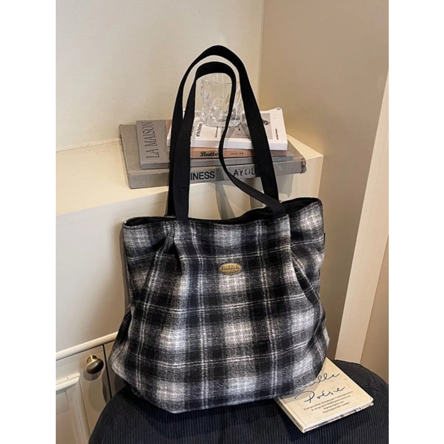 Plaid Pattern Casual Tote Bag Black / ONESIZE Apparel and Accessories