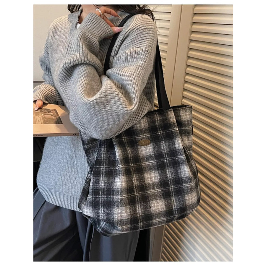 Plaid Pattern Casual Tote Bag Black / ONESIZE Apparel and Accessories