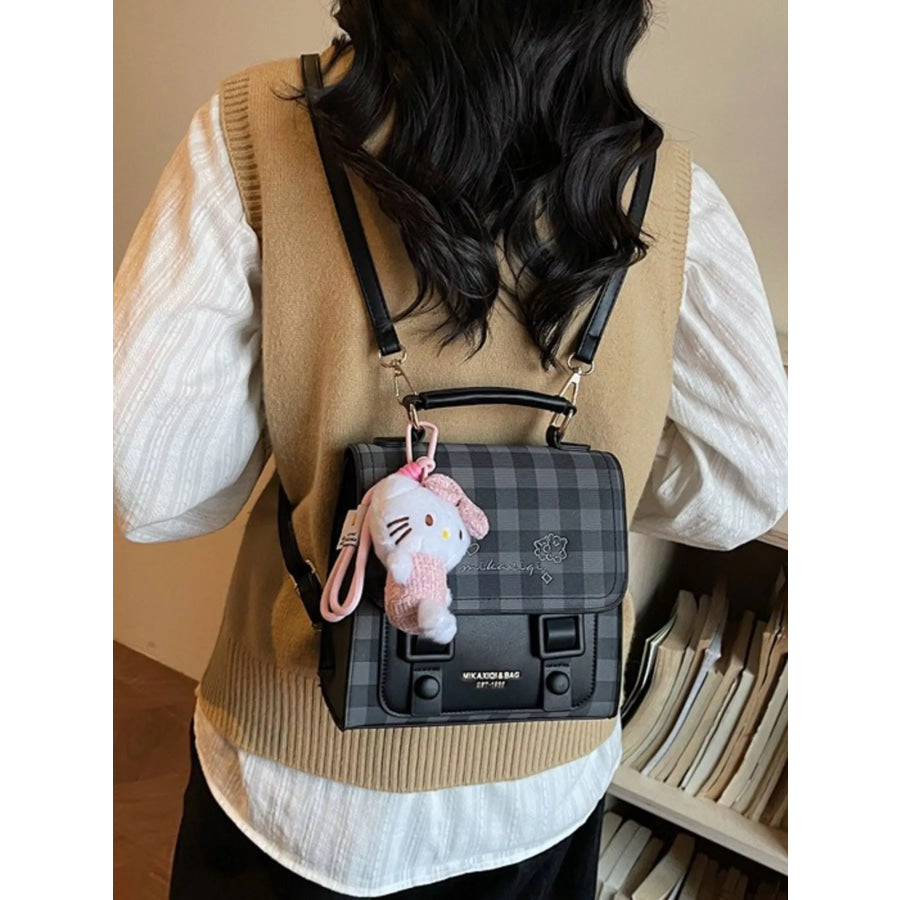 Plaid Pattern Embroidered Flap Backpack Bag Black / One Size Apparel and Accessories