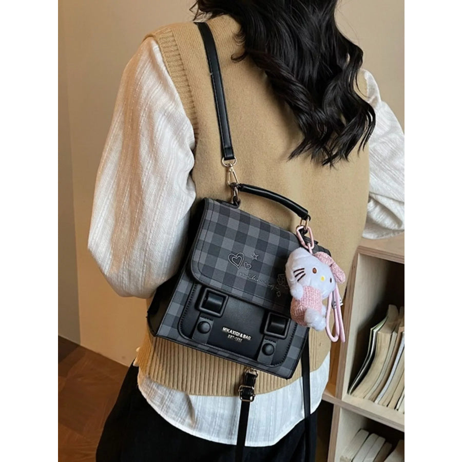 Plaid Pattern Embroidered Flap Backpack Bag Black / One Size Apparel and Accessories