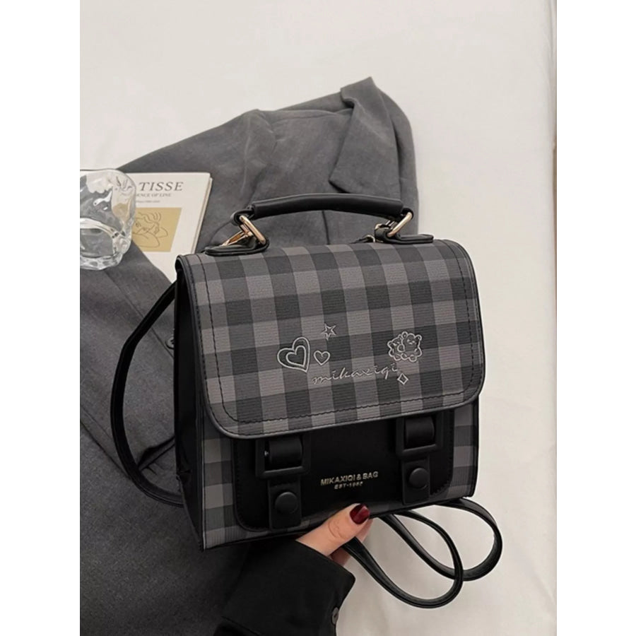 Plaid Pattern Embroidered Flap Backpack Bag Black / One Size Apparel and Accessories