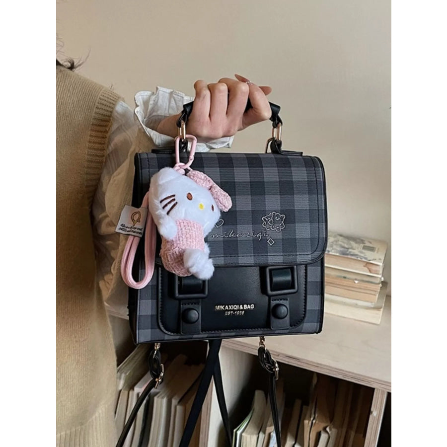 Plaid Pattern Embroidered Flap Backpack Bag Black / One Size Apparel and Accessories