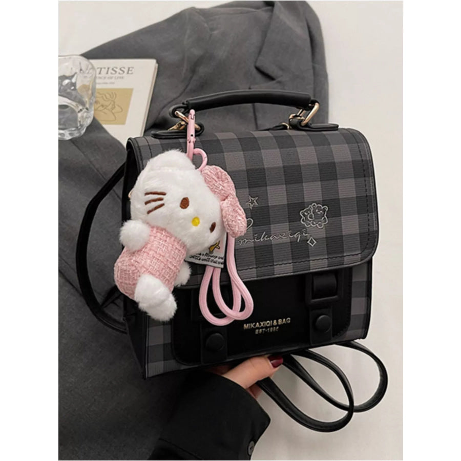 Plaid Pattern Embroidered Flap Backpack Bag Black / One Size Apparel and Accessories