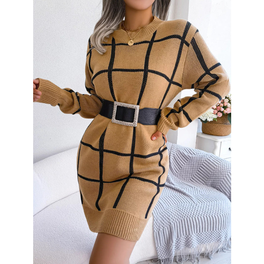Plaid Pattern Long Sleeve Sweater Dress Apparel and Accessories