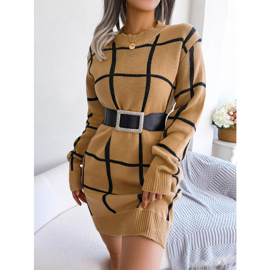 Plaid Pattern Long Sleeve Sweater Dress Apparel and Accessories