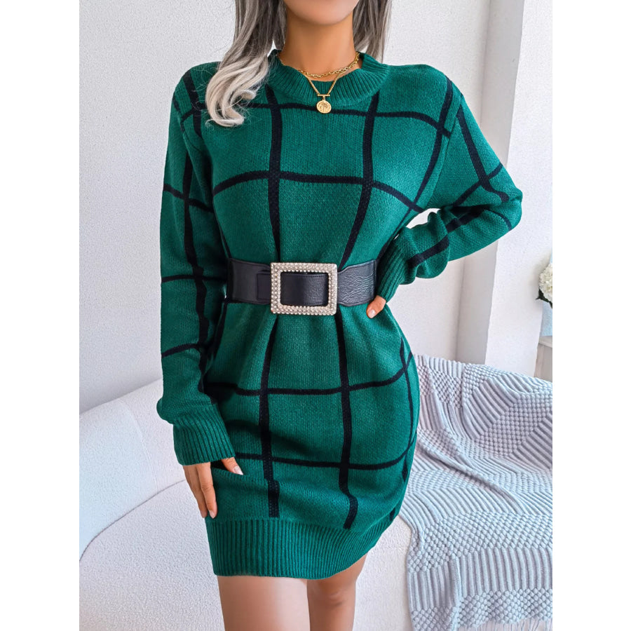 Plaid Pattern Long Sleeve Sweater Dress Apparel and Accessories