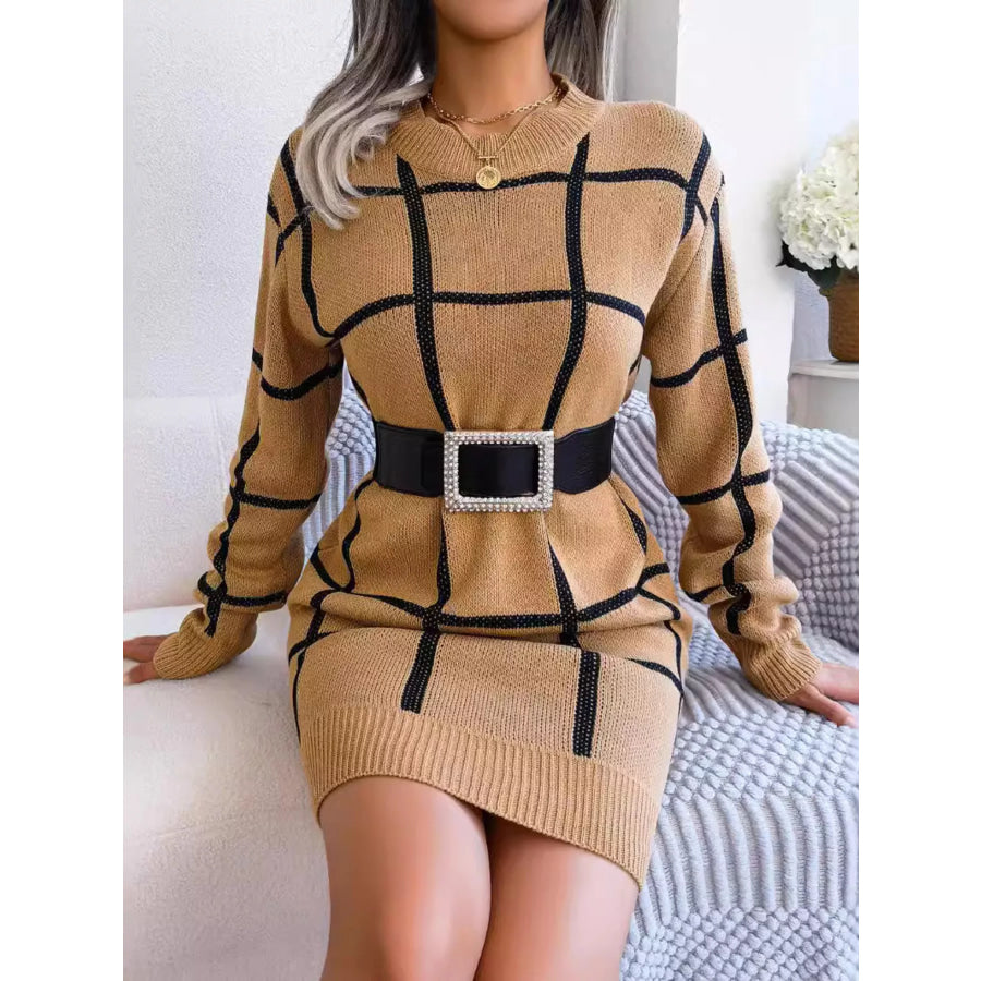Plaid Pattern Long Sleeve Sweater Dress Apparel and Accessories