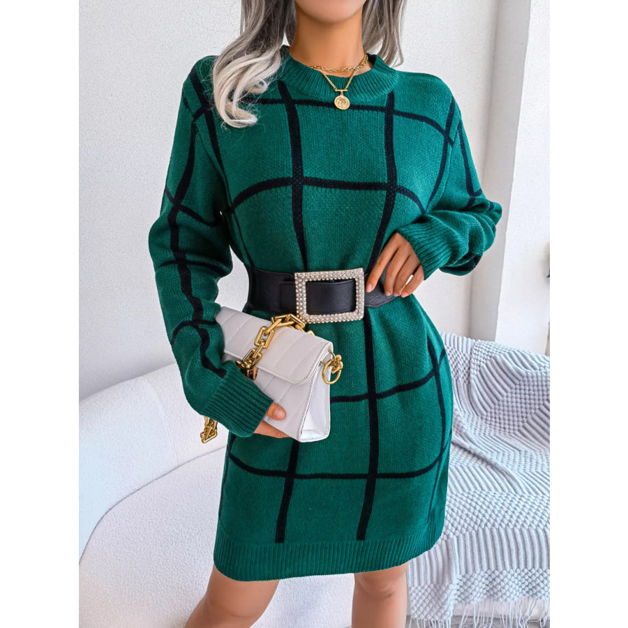 Plaid Pattern Long Sleeve Sweater Dress Apparel and Accessories