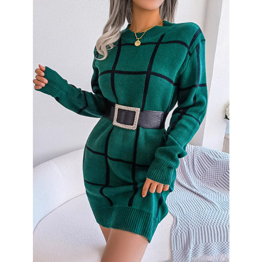 Plaid Pattern Long Sleeve Sweater Dress Apparel and Accessories