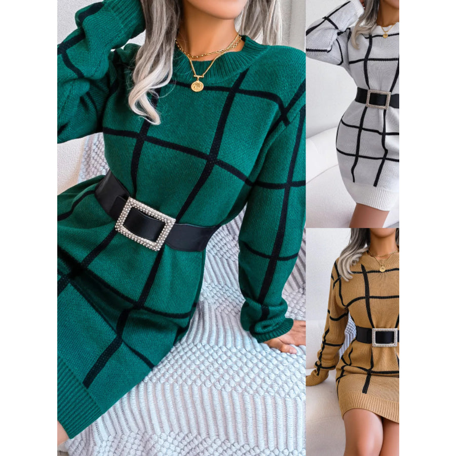 Plaid Pattern Long Sleeve Sweater Dress Apparel and Accessories