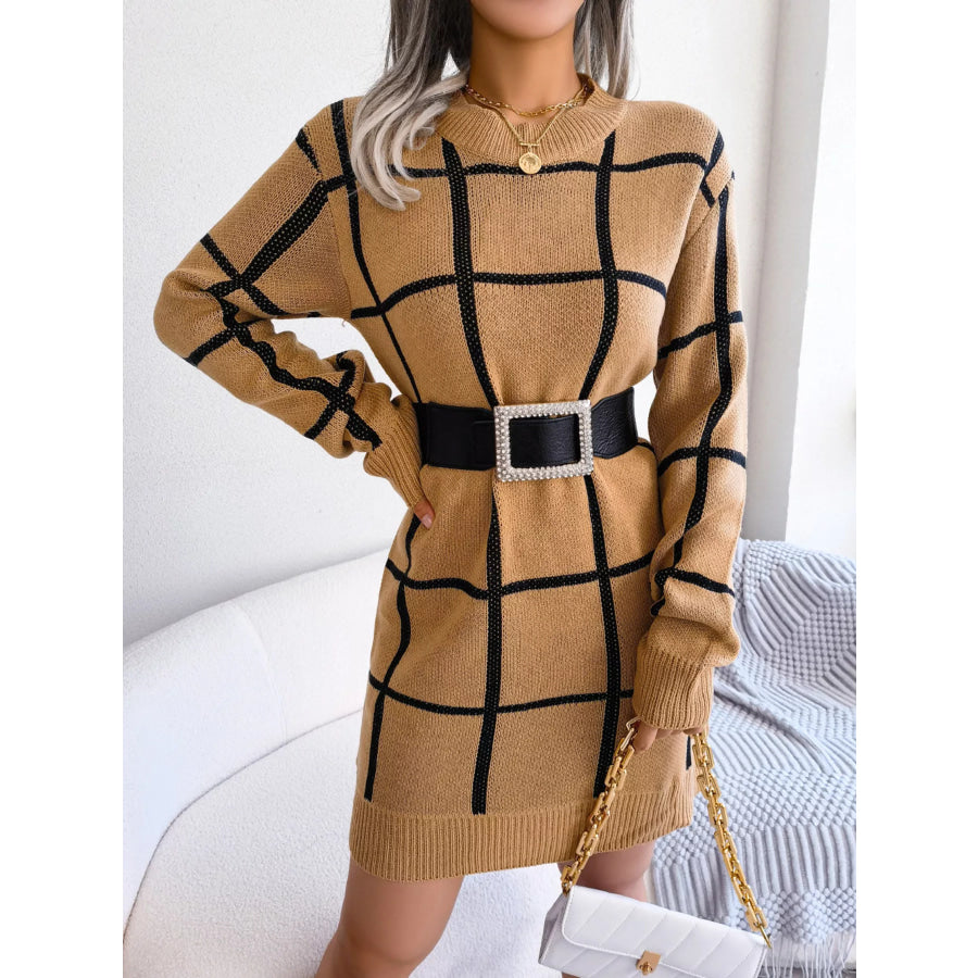 Plaid Pattern Long Sleeve Sweater Dress Apparel and Accessories