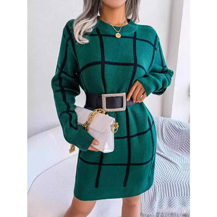 Plaid Pattern Long Sleeve Sweater Dress Black Forest / S Apparel and Accessories