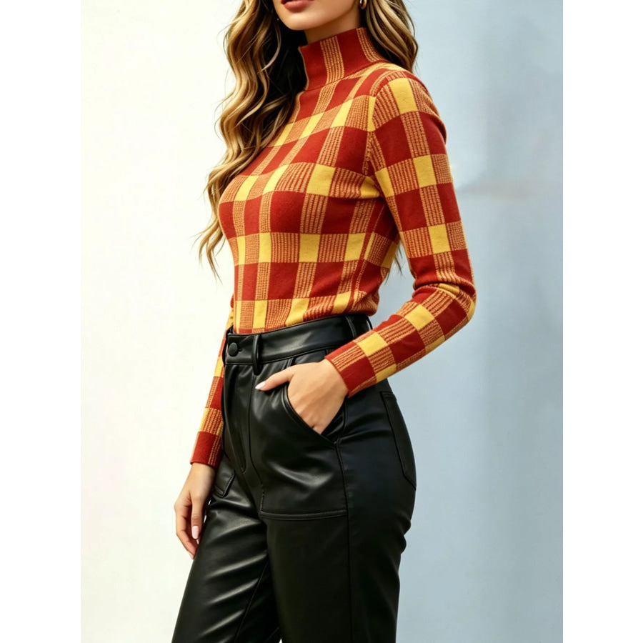 Plaid Pattern Slim Fit Knit Top Apparel and Accessories