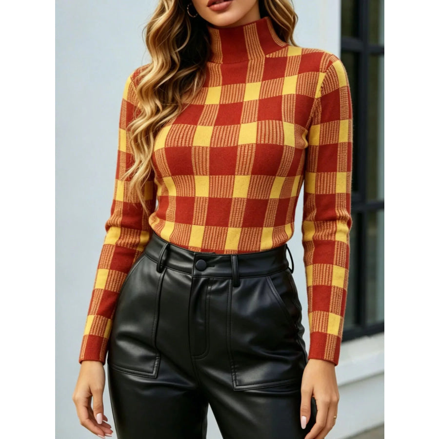 Plaid Pattern Slim Fit Knit Top Orange-red / S Apparel and Accessories