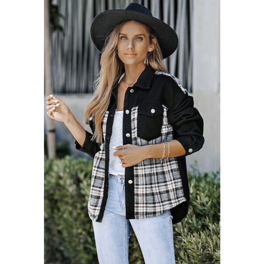 Plaid Pocketed Button Up Denim Jacket Black / S Clothing