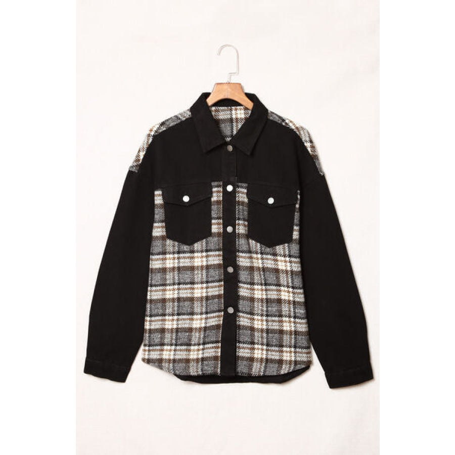 Plaid Pocketed Button Up Denim Jacket Clothing