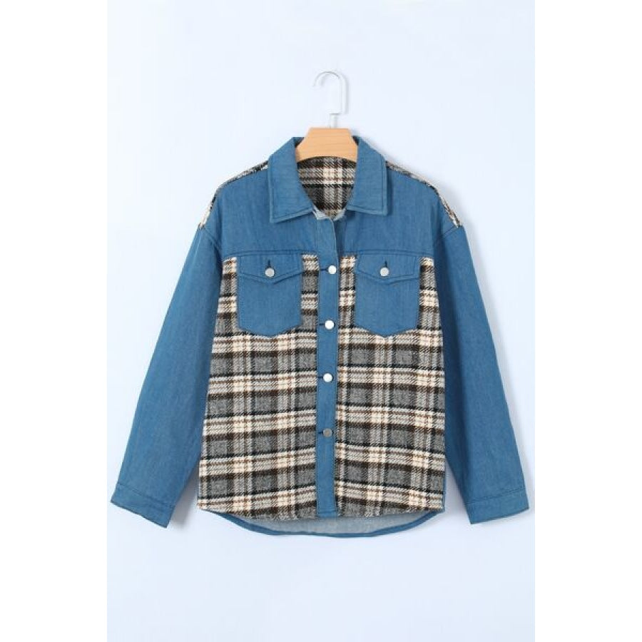 Plaid Pocketed Button Up Denim Jacket Clothing