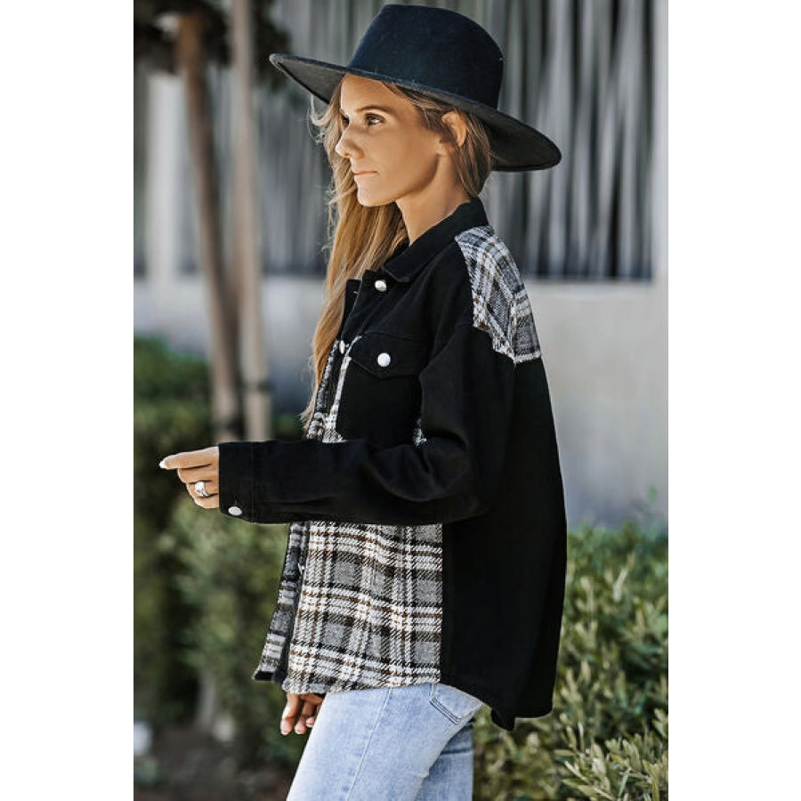 Plaid Pocketed Button Up Denim Jacket Clothing