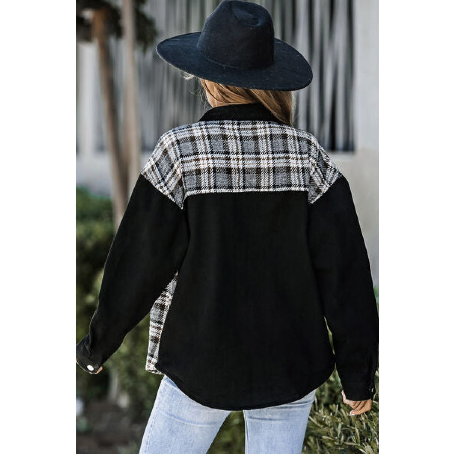 Plaid Pocketed Button Up Denim Jacket Clothing