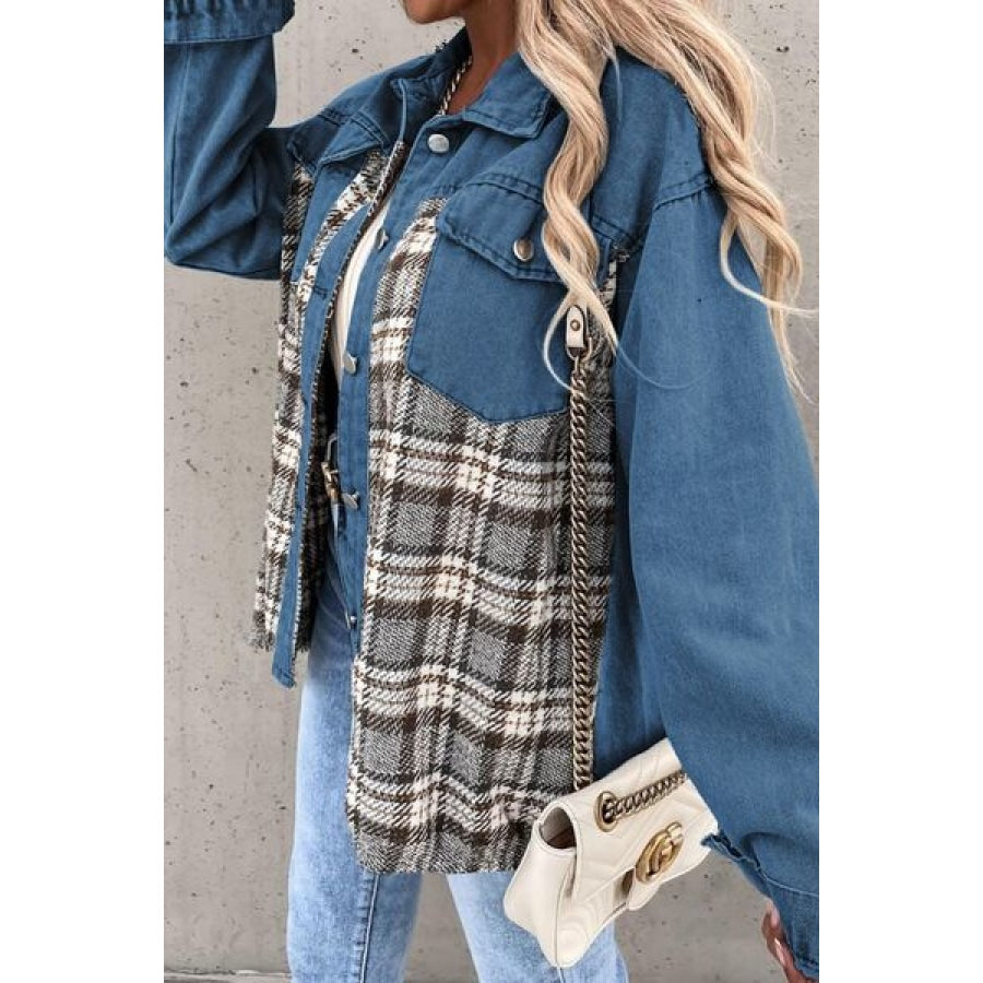 Plaid Pocketed Button Up Denim Jacket Clothing