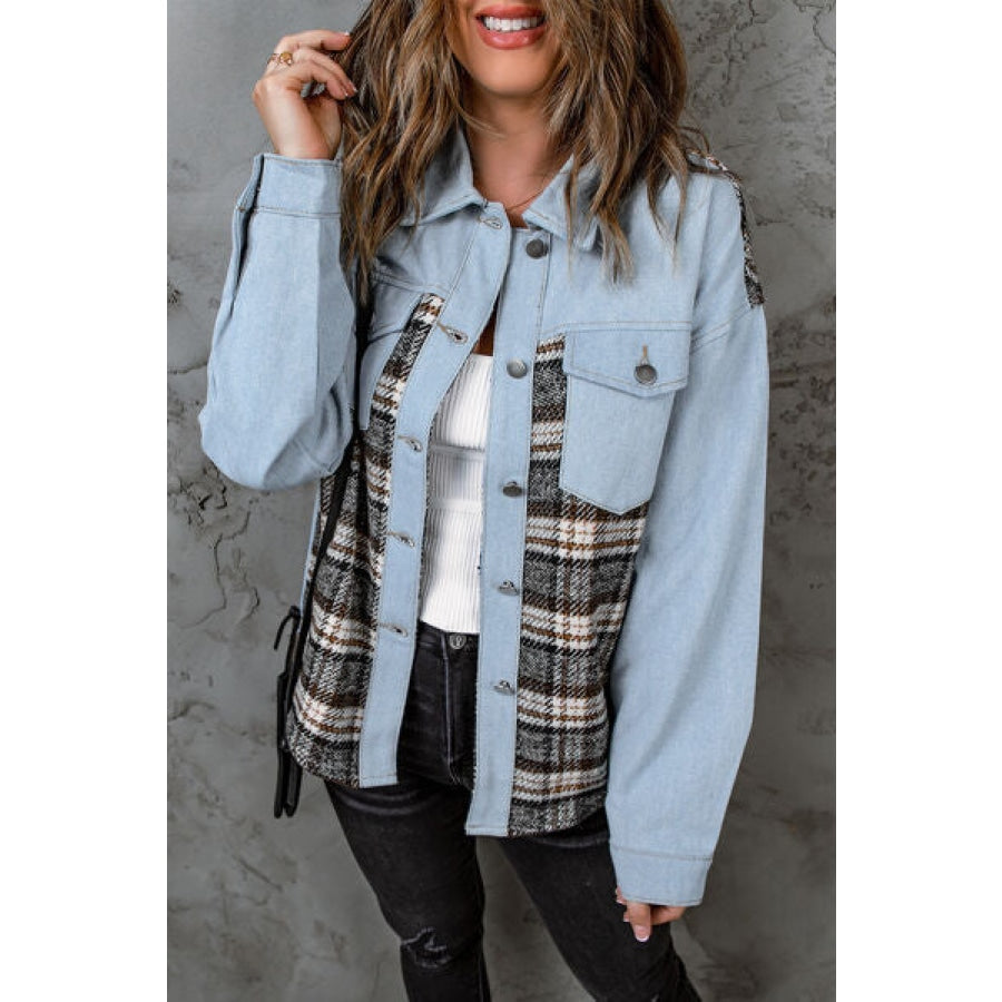 Plaid Pocketed Button Up Denim Jacket Clothing