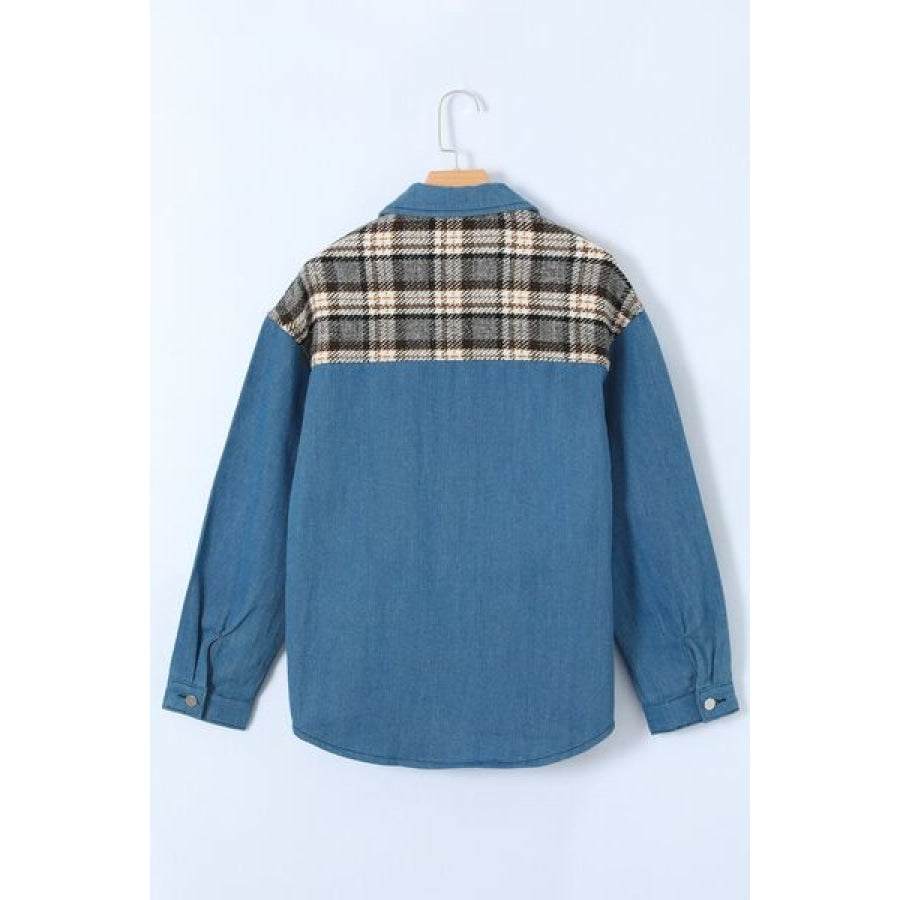 Plaid Pocketed Button Up Denim Jacket Clothing