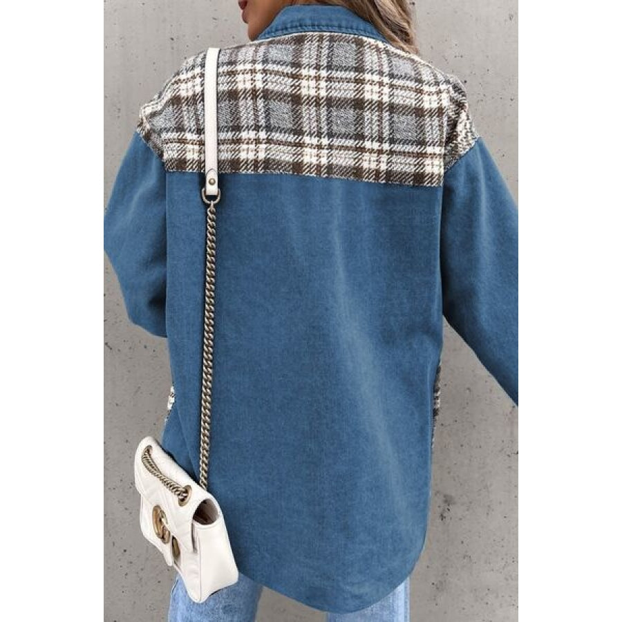 Plaid Pocketed Button Up Denim Jacket Clothing