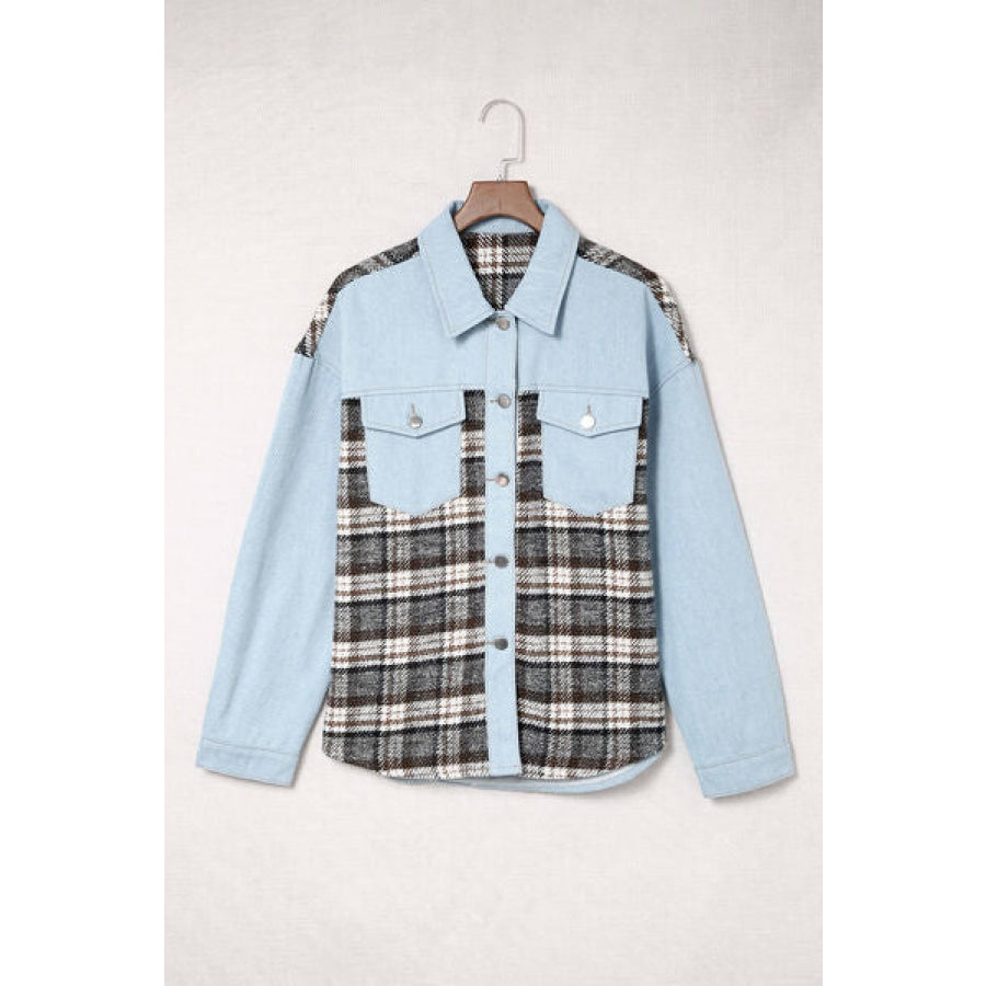 Plaid Pocketed Button Up Denim Jacket Clothing